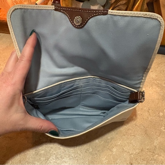 COACH Purse Wrist Clutch Snap Wallet Blue Lined Cream & Brown Leather - Picture 11 of 12